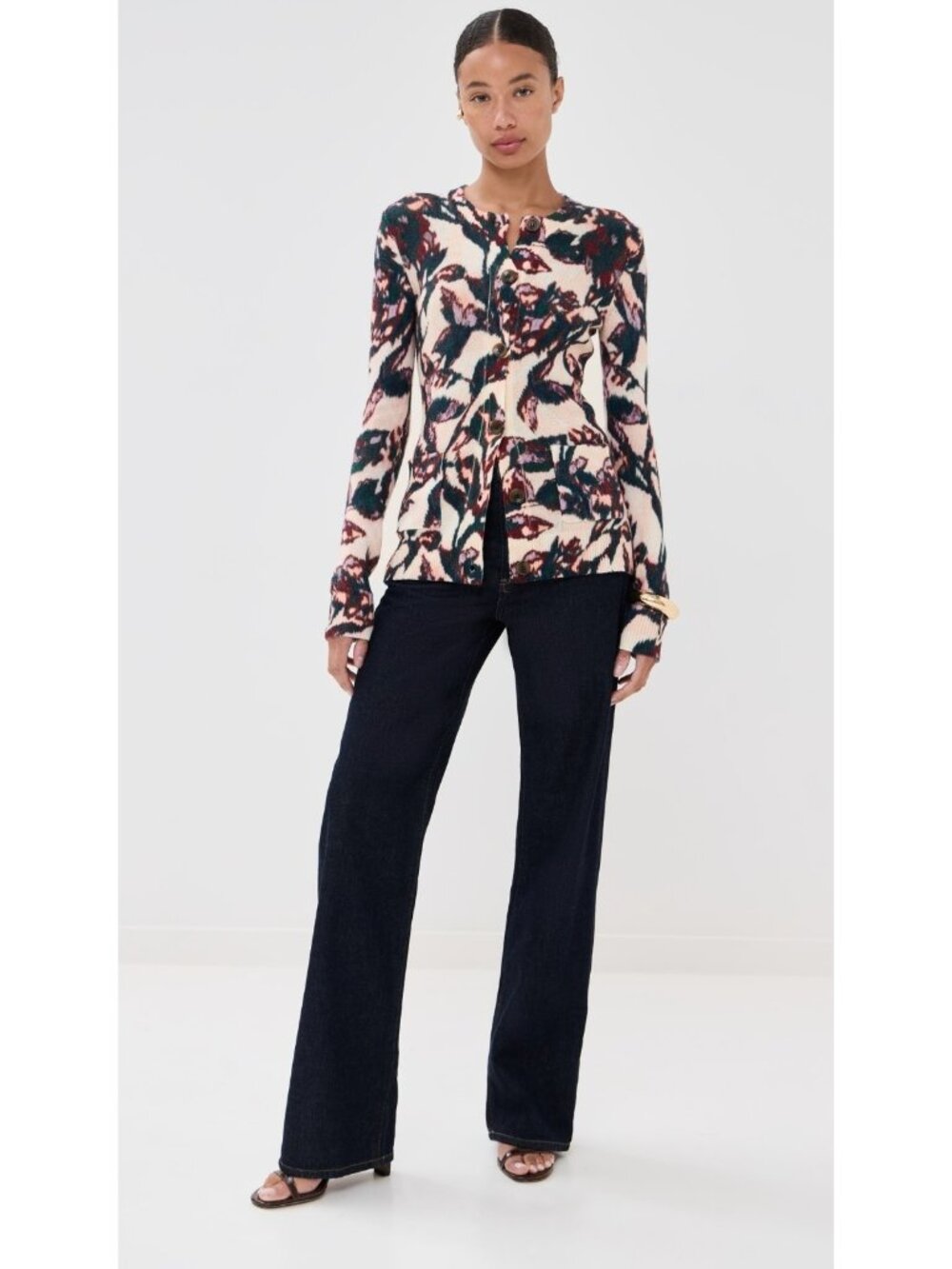 Figue Louisa Cardigan Women's Floral Leaf Print Wool Cashmere Sweater Sze M